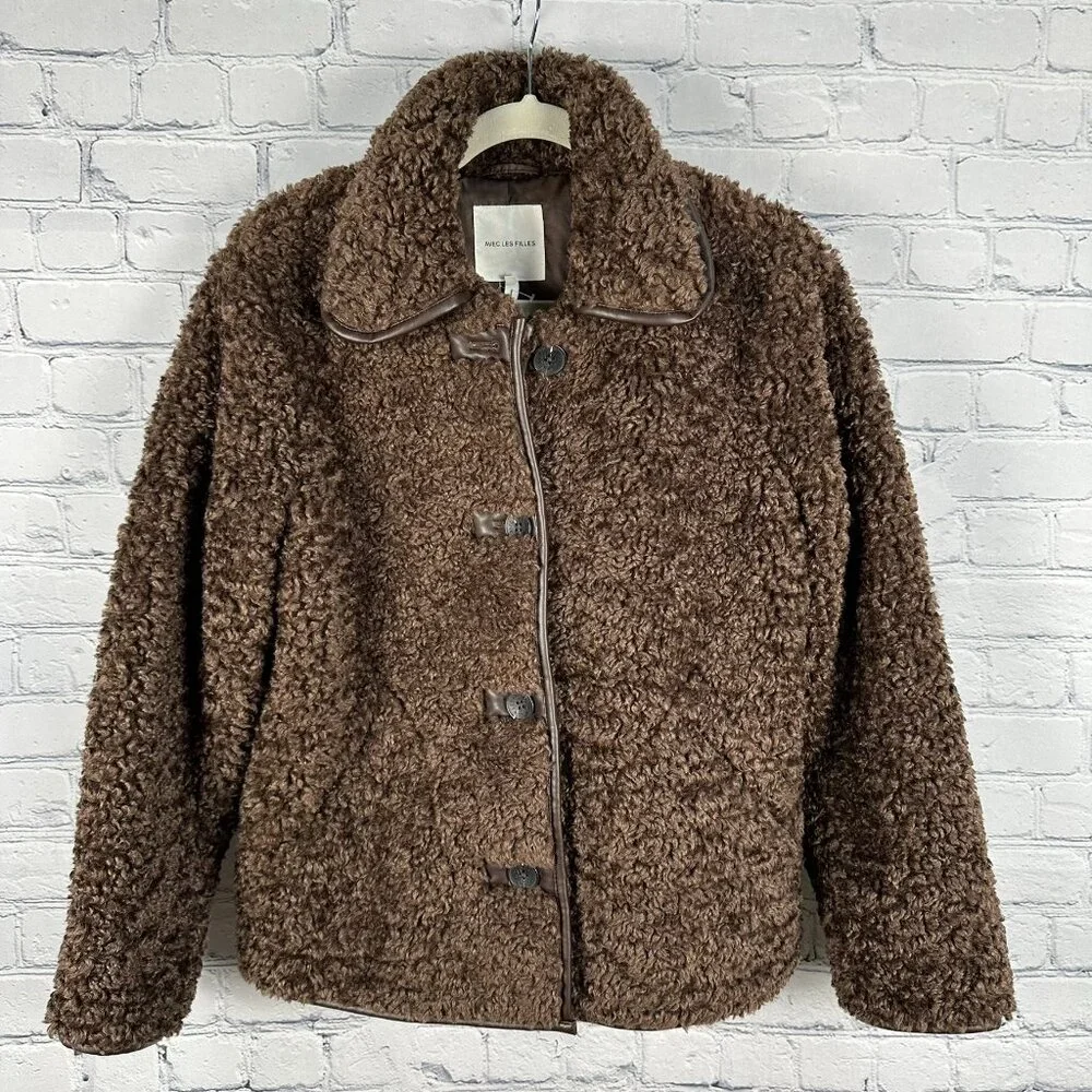 Avec Les Filles Faux Shearling Teddy Coat w/ Faux Leather Trim, Size S, Espresso